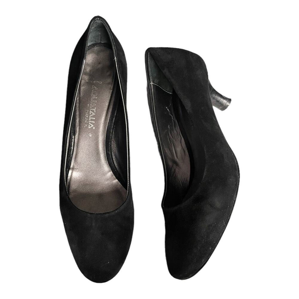 AQUATALIA Suede Pumps Black Nappa Round Toes Italy Heels Weatherproof Shoes 9 B